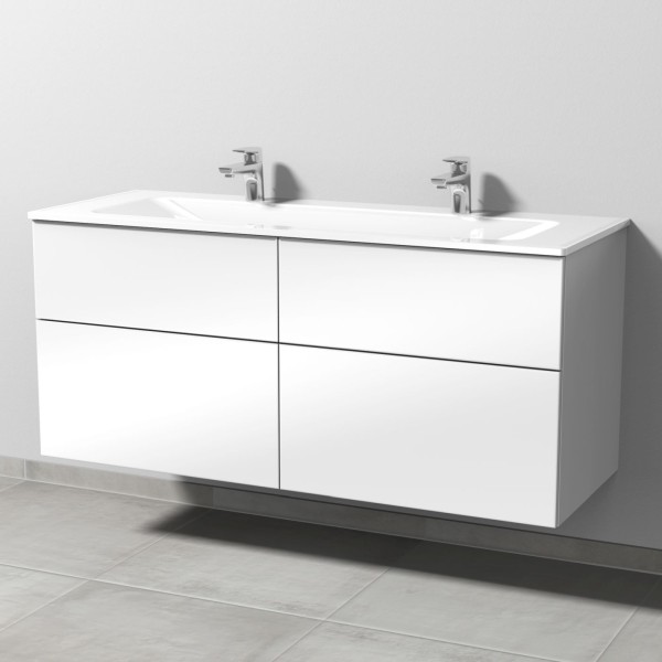 Sanipa 3way Glas-Set Glas-Doppelwaschtisch und Unterbau mit 4 Auszügen, Weiß-Glanz