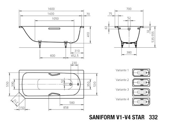 Kaldewei Badewanne SANIFORM PLUS STAR V1 Modell 332, 1600x700 mm, alpinweiß, V1, 134000011001