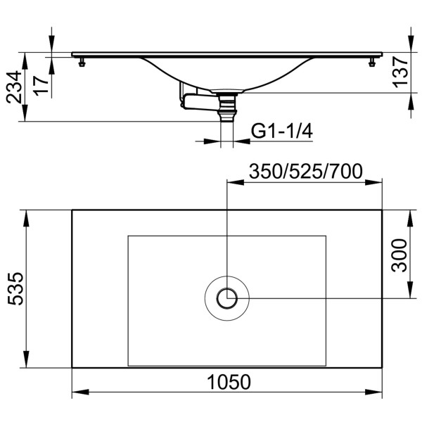 Keuco Varicor-Waschtisch Edition 11 31270, B: 1050, H: 17, T: 535 mm