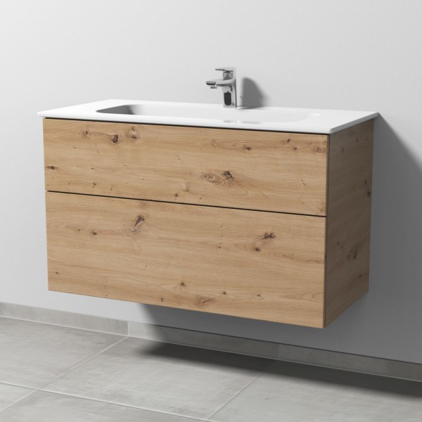 Sanipa 3way Keramik-Set Design Keramik-Waschtisch und Unterbau mit 2 Auszügen, Eiche Natural-Touch