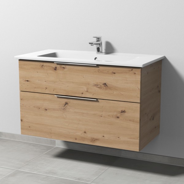 Sanipa 3way Keramik-Set Venticello Keramik-Waschtisch und Unterbau mit 2 Auszügen, Eiche Natural-Tou