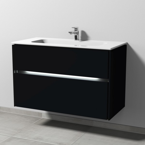Sanipa Twiga Keramik-Set Design mit 2 Auszügen und LED-Beleuchtung, Schwarz-Matt, SL25108