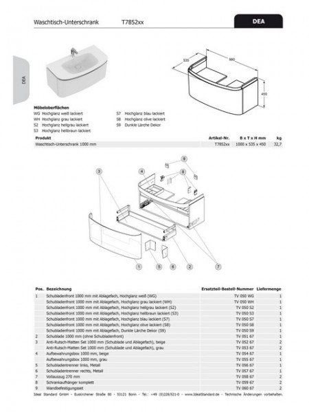 Ideal Standard Schubladenfront DEA,für WT-US b:1000mm, TV050S9 mit Ablage, Dunkle Lärche Dekor