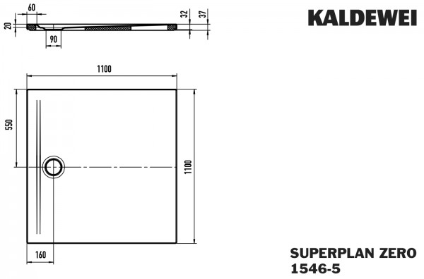 Kaldewei Duschwanne SUPERPLAN ZERO Modell 1546-5, 1100x1100x20 mm, schwarz matt 100, 354647980676