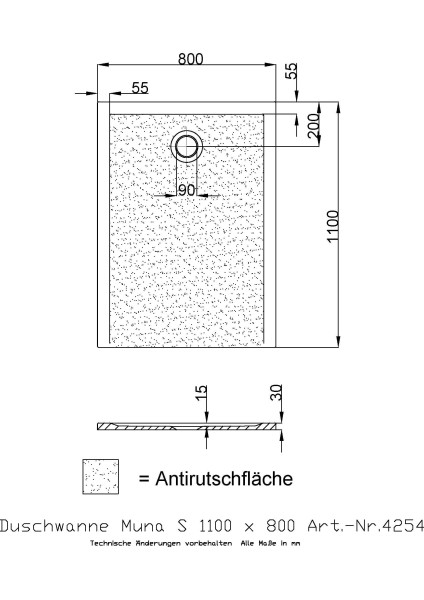 Hoesch Duschwanne Muna S 1100x800x30 mit Antirutsch