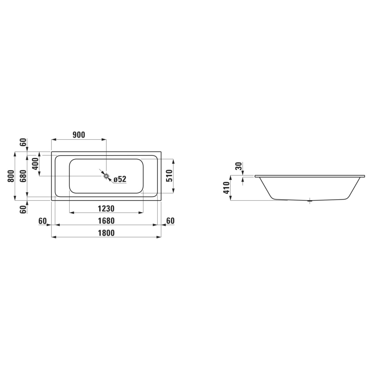 Laufen Einbau-Badewanne PRO S 1800x800x410 Stahl weiß, H2271800000401 H2271800000401