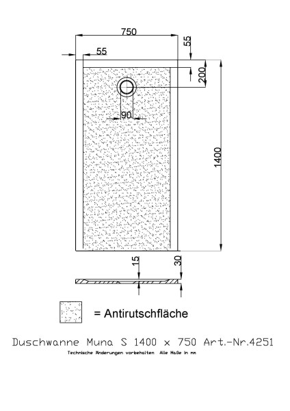 Hoesch Duschwanne Muna S 1400x750x30 mit Antirutsch