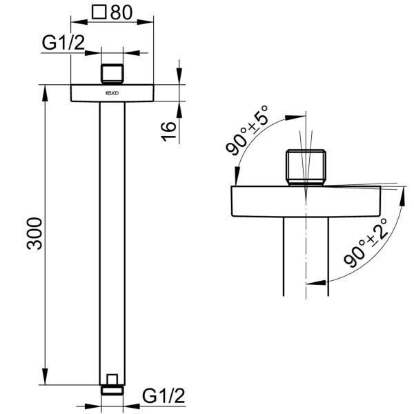 Keuco Brausearm Edition 300 53089, Deckenanschluss, 300 mm,Edelstahl-finish, 53089060302