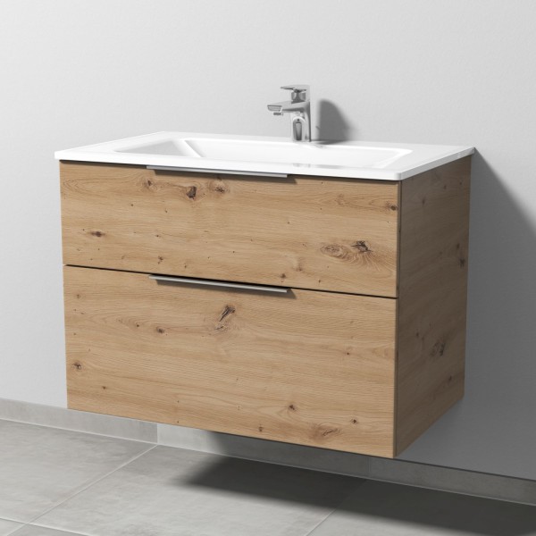Sanipa 3way Glas-Set Glas-Waschtisch und Unterbau mit 2 Auszügen, Eiche Natural-Touch