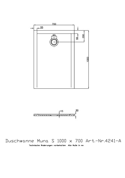 Hoesch Duschwanne Muna S 1000x700x30 ohne Antirutsch