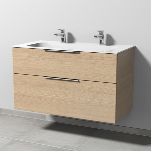 Sanipa 3way Keramik-Set Finion Keramik-Doppelwaschtisch und Unterbau mit 2 Auszügen, Eiche-Nordic