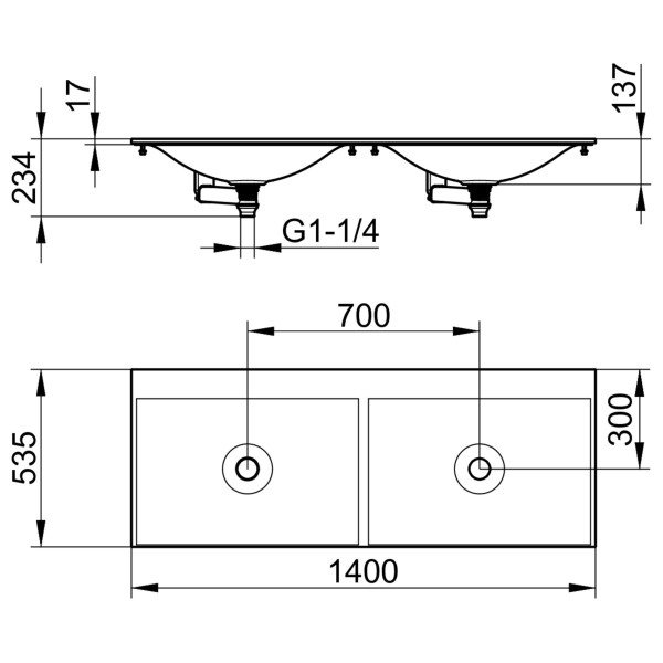 Keuco Varicor-Waschtisch Edition 11 31263, B: 1400, H: 17, T: 535 mm