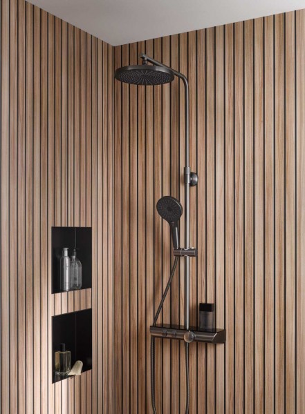 HSK Duschsystem AquaXPro 200 Termostat, gunmetal gebürstet, mit Echtglasablage (ESG), Schwarz