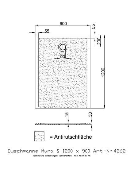 Hoesch Duschwanne Muna S 1200x900x30 mit Antirutsch