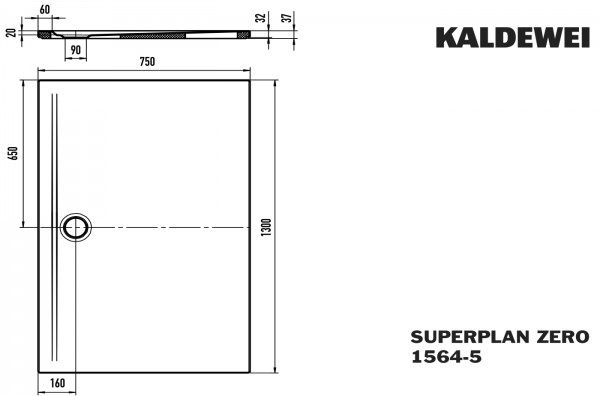 Kaldewei Duschwanne SUPERPLAN ZERO Modell 1564-5, 750x1300x20 mm, alpinweiß, 356447983001