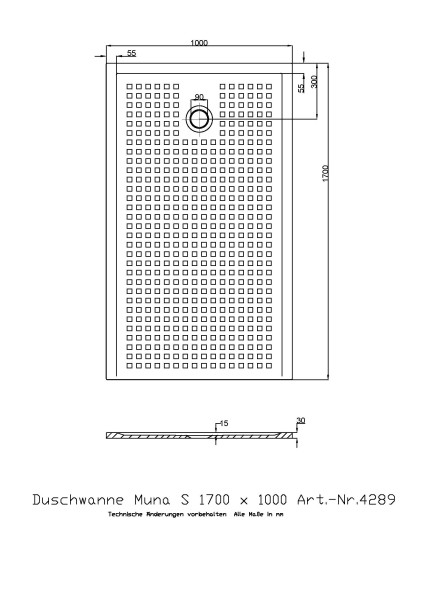 Hoesch Duschwanne Muna S 1700x1000x30 mit Antirutsch