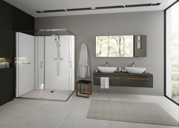 Hoesch Duschabtrennung nUnity Eckversion 1200x800 Eckeinstieg mit Schiebetüren und Armatur inklusive