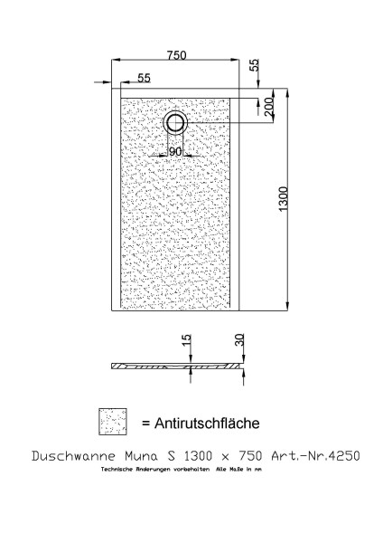 Hoesch Duschwanne Muna S 1300x750x30 mit Antirutsch