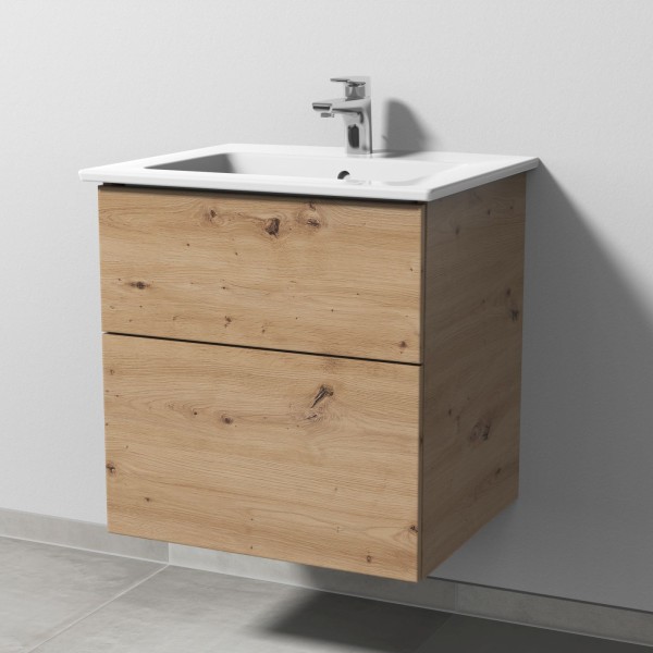 Sanipa 3way Keramik-Set Venticello Keramik-Waschtisch und Unterbau mit 2 Auszügen, Eiche Natural-Tou