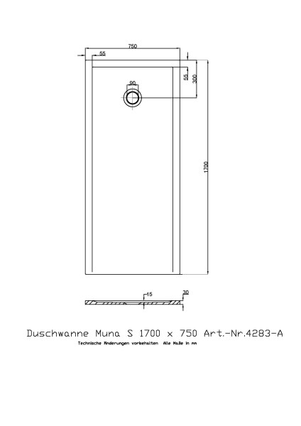Hoesch Duschwanne Muna S 1700x750x30 ohne Antirutsch