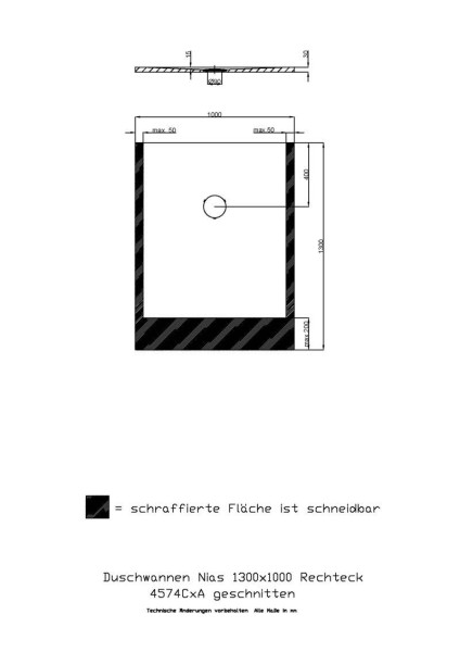 Hoesch Duschwanne Nias gesschnitten 1300x1000x35 strukturierte Oberfläche