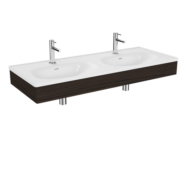 VitrA Equal Set Doppelwaschtisch 130 cm mit Holzblende 2 Becken 2 Hahnlöcher Weiß Hochglanz,81087