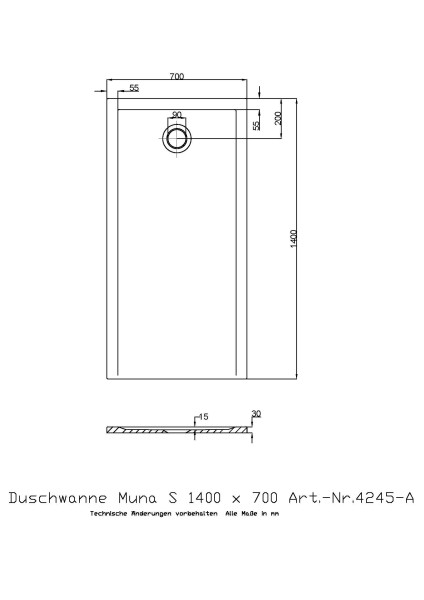 Hoesch Duschwanne Muna S 1400x700x30 ohne Antirutsch