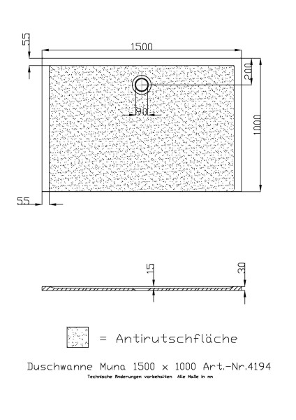 Hoesch Duschwanne Muna 1500x1000x30 mit Antirutsch