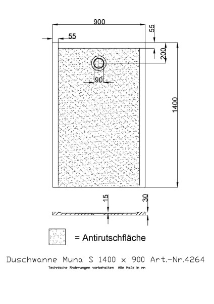 Hoesch Duschwanne Muna S 1400x900x30 mit Antirutsch