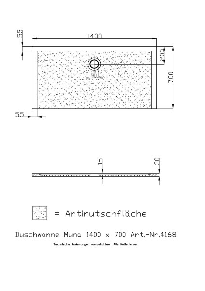 Hoesch Duschwanne Muna 1400x700x30 mit Antirutsch