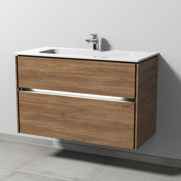 Sanipa Twiga Keramik-Set Design mit 2 Auszügen und LED-Beleuchtung, Eiche-Kansas, SL25159