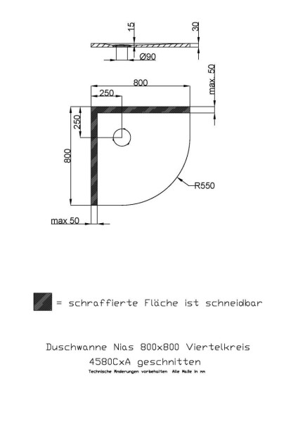 Hoesch Duschwanne Nias gesschnitten 1/4-Kreis 800x800x30 strukturierte Oberfläche