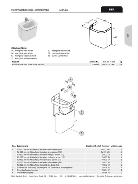 Ideal Standard Schranktür DEA, für HWB-US b:500mm, TV073S9 mit Ablage, Dunkle Lärche Dekor