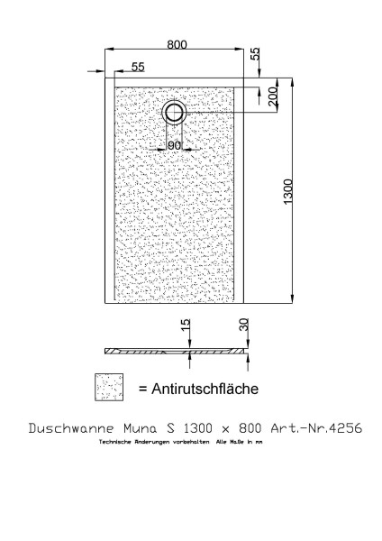 Hoesch Duschwanne Muna S 1300x800x30 mit Antirutsch