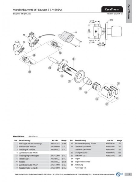 Ideal Standard Absperrgriff UP-Ventil CERATHERM 100, A962950AA Chrom