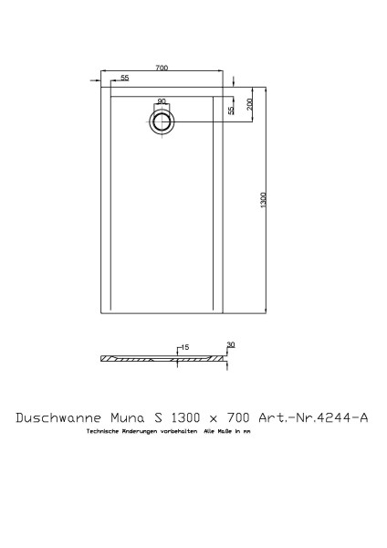 Hoesch Duschwanne Muna S 1300x700x30 ohne Antirutsch
