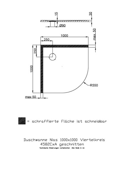 Hoesch Duschwanne Nias gesschnitten 1/4-Kreis 1000x1000x30 strukturierte Oberfläche