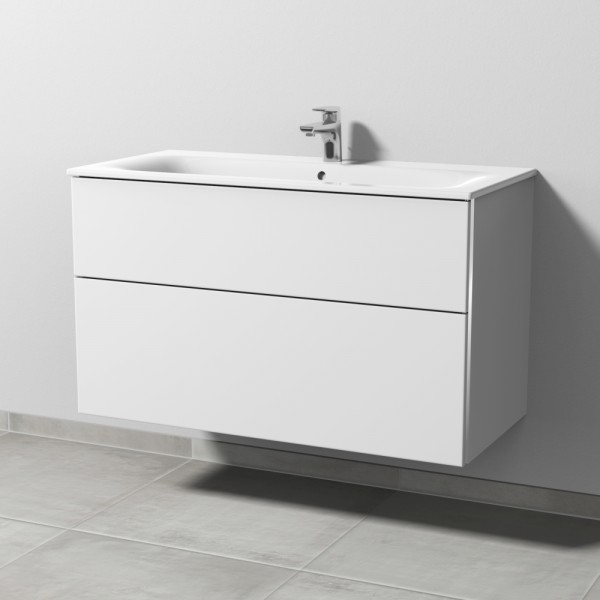 Sanipa 3way Waschtischunterbau zu Geberit Renova Plan Slim Waschtisch mit 2 Auszügen, Weiß-Soft