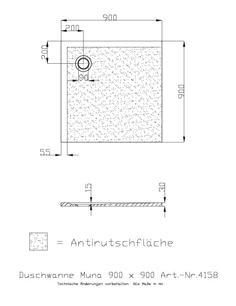 Hoesch Duschwanne Muna 900x900x30 mit Antirutsch