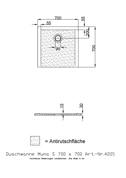 Hoesch Duschwanne Muna S 700x700x30 mit Antirutsch