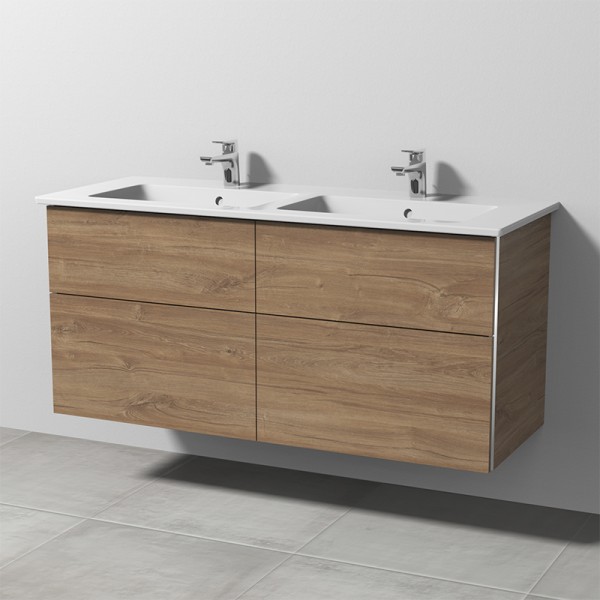 Sanipa 3way Keramik-Set Venticello Keramik-Doppelwaschtisch und Unterbau mit 4 Auszügen, Eiche-Kansa