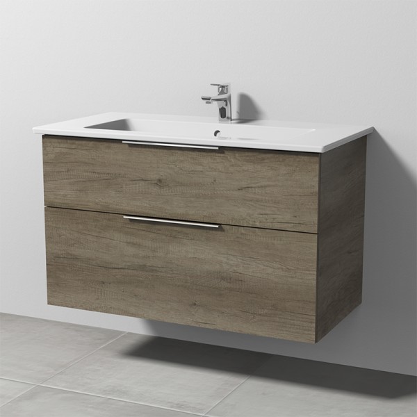 Sanipa 3way Keramik-Set Venticello Keramik-Waschtisch und Unterbau mit 2 Auszügen, Eiche-Nebraska