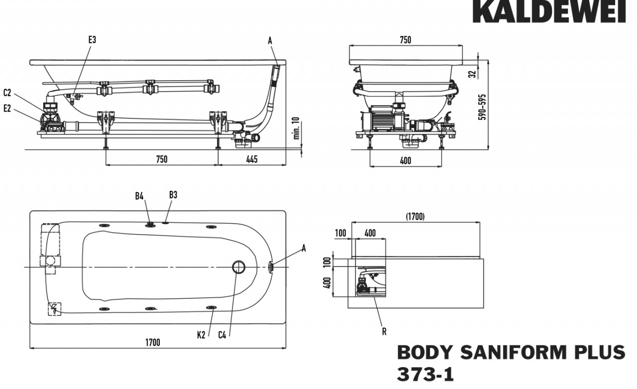 Kaldewei Badewanne SANIFORM PLUS Mod.373-1 BODY, 1700 x 750, alpinweiß,rechts,Sicht. chrom 112660770001