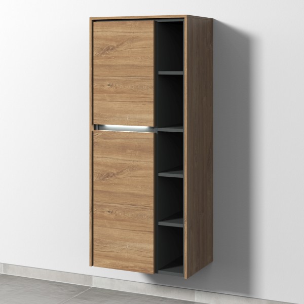 Sanipa Twiga Stauraumschrank mit LED-Beleuchtung, 2 Türen und offenen Fächern, Eiche-Kansas, SY11459