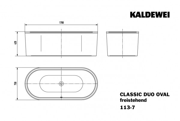 Kaldewei Badewanne CLASSIC DUO OVAL Mod.113-7, 1700x750, alpinweiß,Schürze kpl.