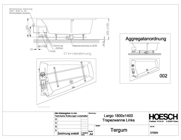 Hoesch Whirlwanne Largo Trapez 1800x1400 links