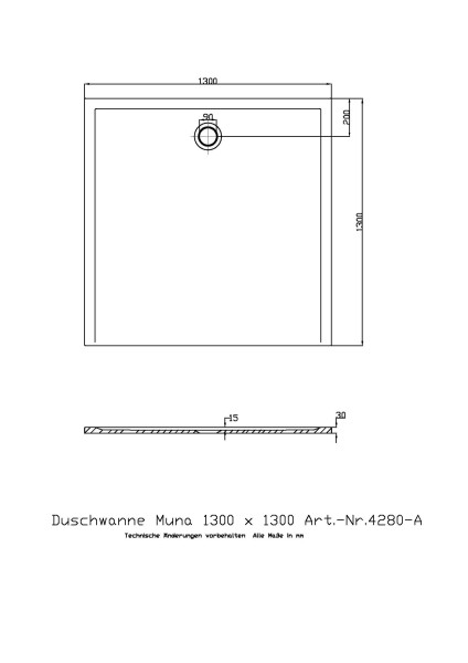 Hoesch Duschwanne Muna S 1300x1300x30 ohne Antirutsch