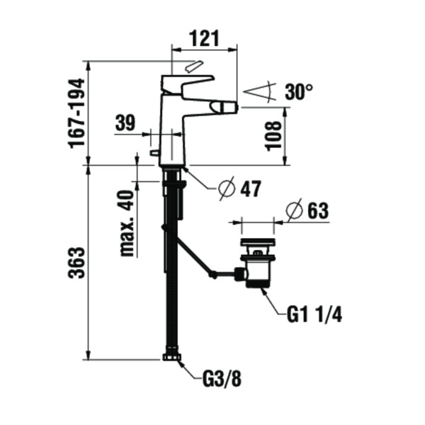 LAUFEN Waschtischarmatur hohe Ausführung PURE Festauslauf Ausladung 190 mm Höhe: 302 mm ohne Ablvent