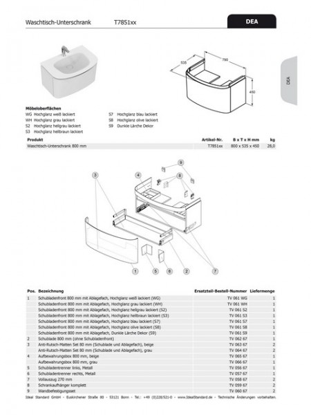 Ideal Standard Schubladenfront DEA, für WT-US b:800mm, TV061WH mit Ablage, Hochglanz grau lackiert