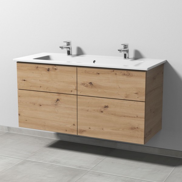 Sanipa 3way Keramik-Set Venticello Keramik-Doppelwaschtisch und Unterbau mit 4 Auszügen, Eiche Natur